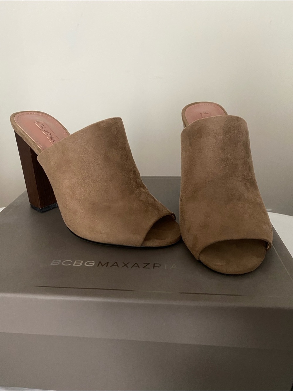 BCBG “Ravella” Dark Beige Suede Block Heel Mule
